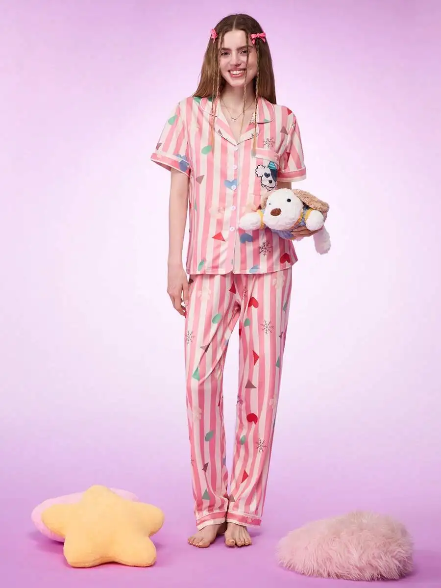 Womens Striped Cartoon Print Pajama Set With Collar And Pocket