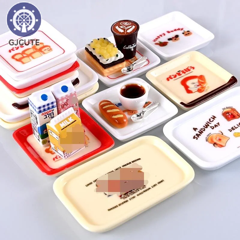 Juguete de cocina para juego de imitación, 10 piezas, mini juegos de platos con bandeja de dibujos animados para casa de muñecas 1/12, decoración de simulación