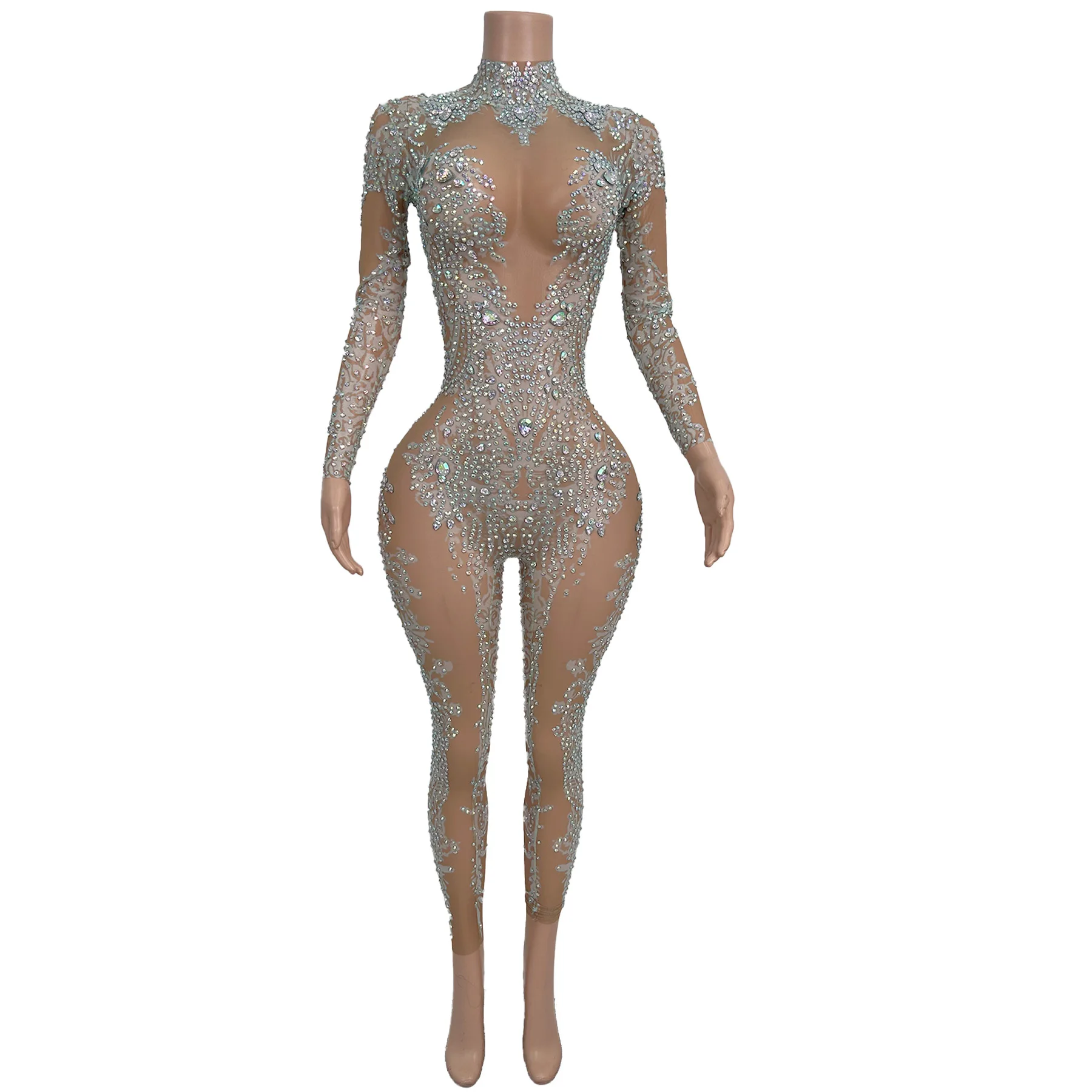 Baiputao Luxury Women Jumpsuit Silver Rhinestone Sexy See Through Mesh Jumpsuit Bar Stage Performance Outfit Birthday Prom Gowns
