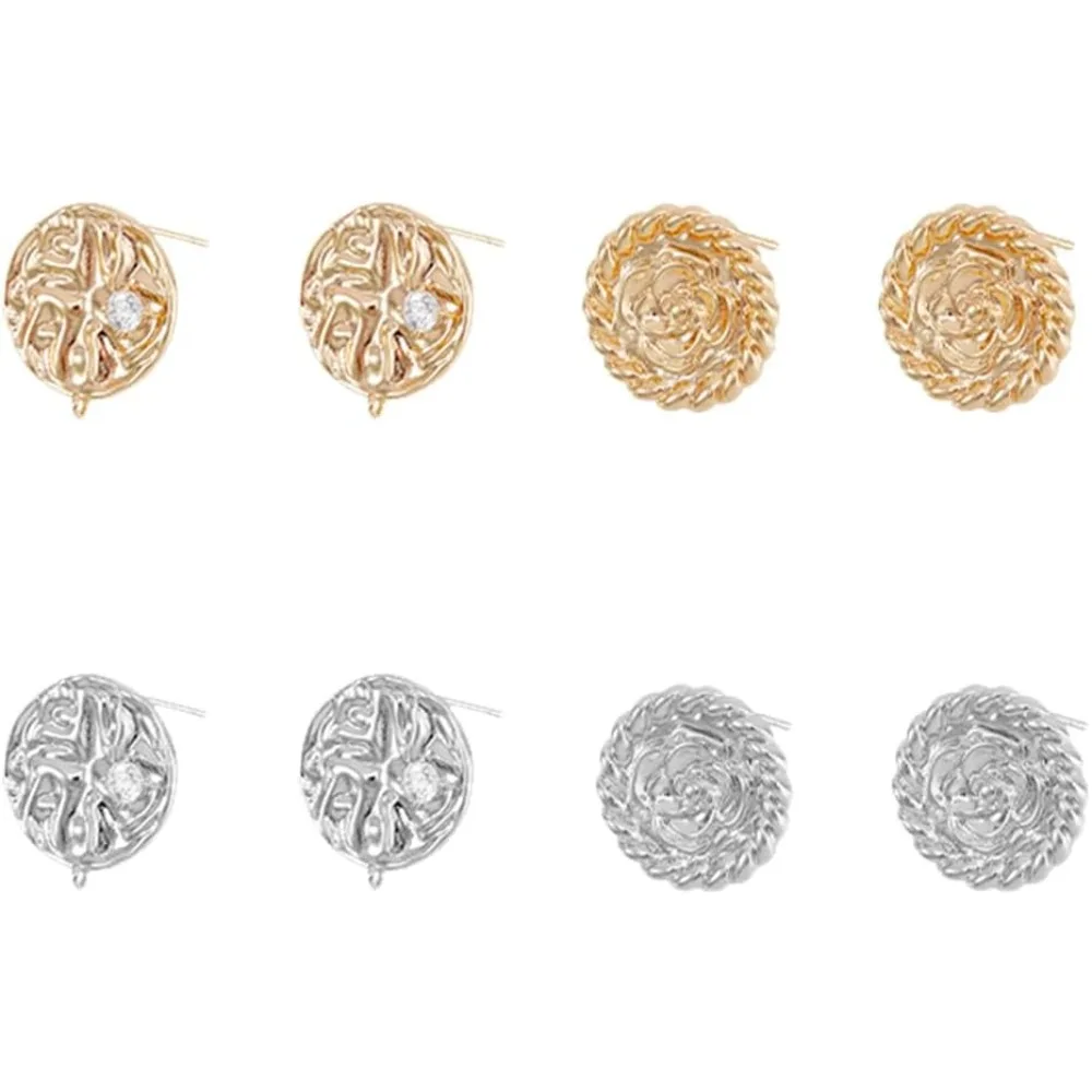 

8Pcs Flat Round Earring Findings Textured with Flower Cubic Zirconia Post Stud Real and Earring Studs with Loops