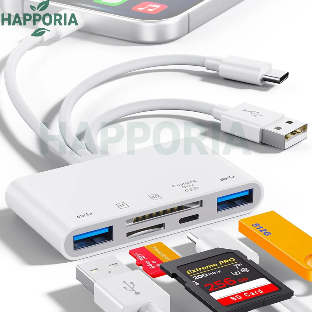 

New 5-in-1 SD TF Card Reader Multi-function OTG Converter Hub Docking for iPhone12 13 14 15 16 17 iPad Android Xiaomi