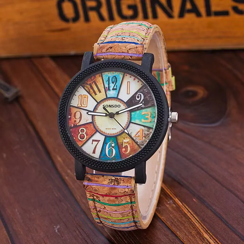 Wood grain turntable women's watch retro striped pattern leather watch Korean version tree strap student watch