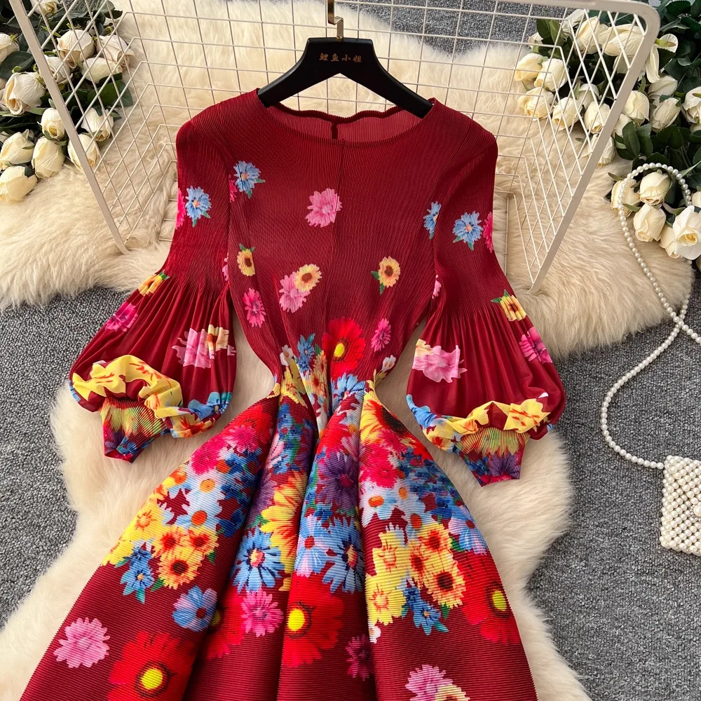 Miyake Pleated Print Dresses 2026 Summer New Round Neck Lantern Sleeve A-Line Flower Bud Dress Elegant Stretch Women's Clothing