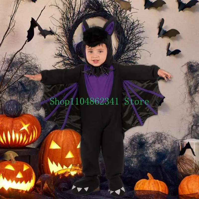 Bat Jumpsuit with Wing Halloween Devil Costume with Hat Halloween Bat Dress up Costume Accessories for Children Boy Girl