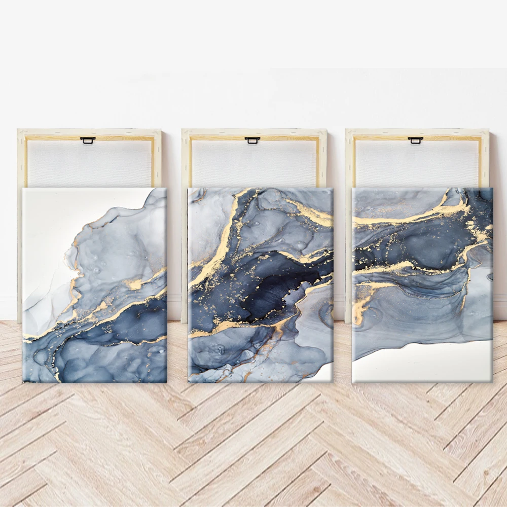 

3pcs 30x40cm Modern Abstract Canvas Print Wall Art Blue Gold Fluid Posters Paintings Wall Decorative Pictures Inner Framed