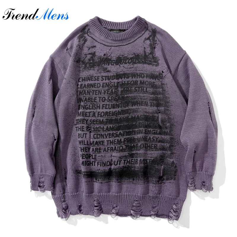 

Men Tattered Sweater Dark Black Letters Printed High Street Fasion Loose Comfortable Harajuku Round Neck Pullover Autumn Winter