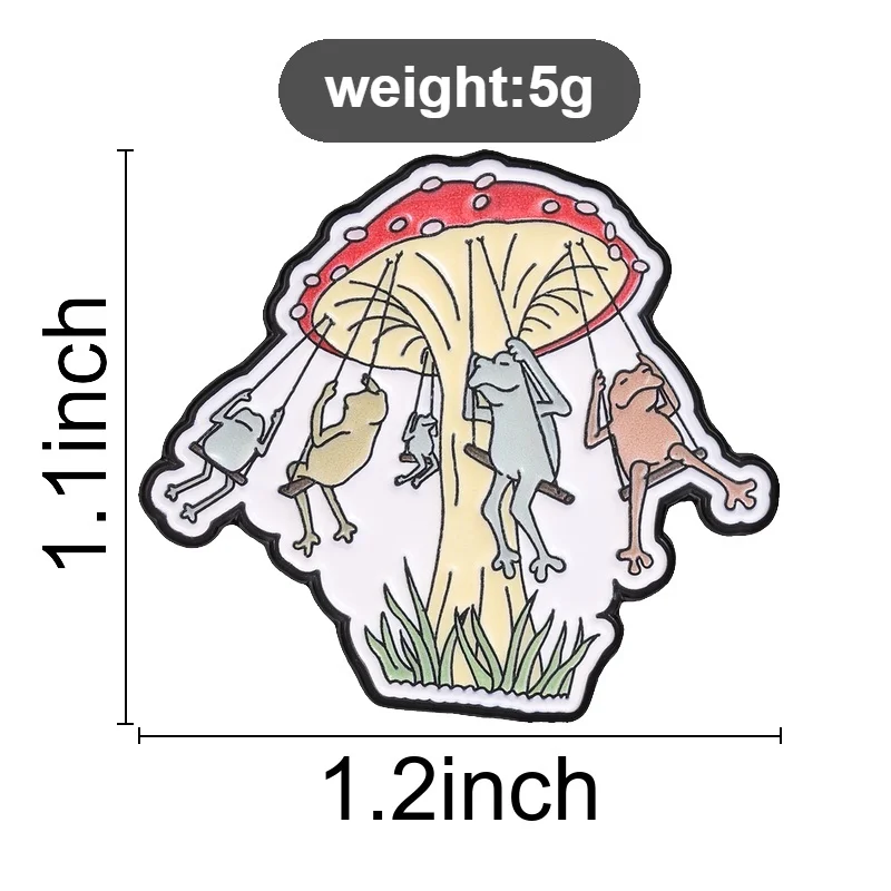 Cottagecore Mushroom Swing Frog Enamel Pin Whimsical Forest Brooch with Tiny Frogs for Calm Nature Lovers