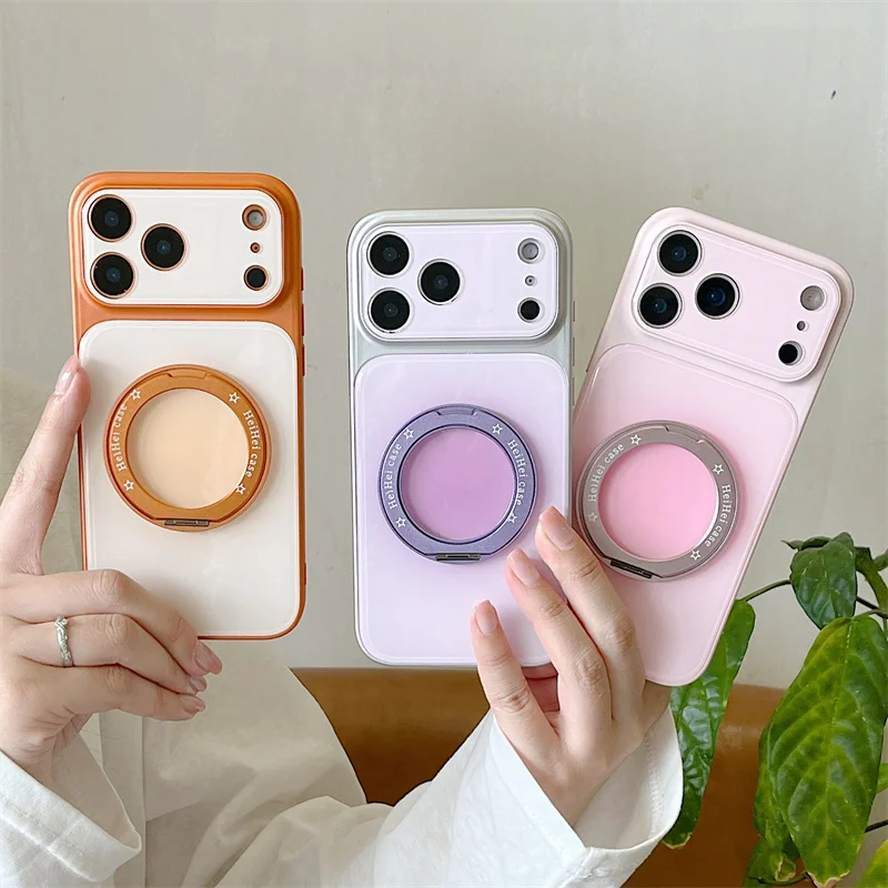 

3 Colors Gradient Ring Holder Phone Case For iPhone 14 15 16 17Pro Max INS Minimalist Style Large Window Shockproof Cover