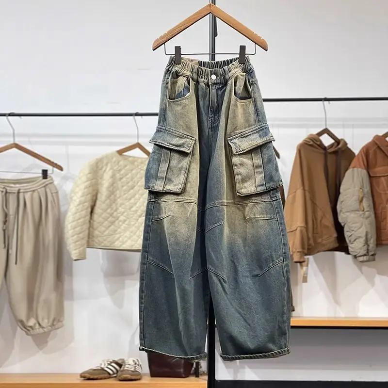 

Мужские летние джинсы с эластичным поясом, особо большие (до 300 фунтов), в американском ретро-стиле, с эффектом потертости, широкие, прямого кроя, в пол, повседневные