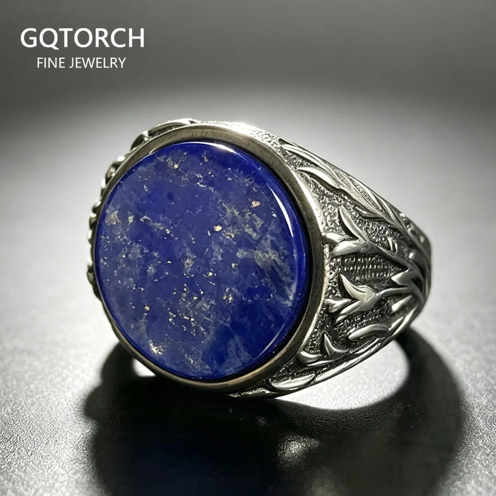 Genuine Solid 925 Sterling Silver Rings With Natural Lapis Lazuli Tree Branches Engraved Turkish Finger Rings Man Ring