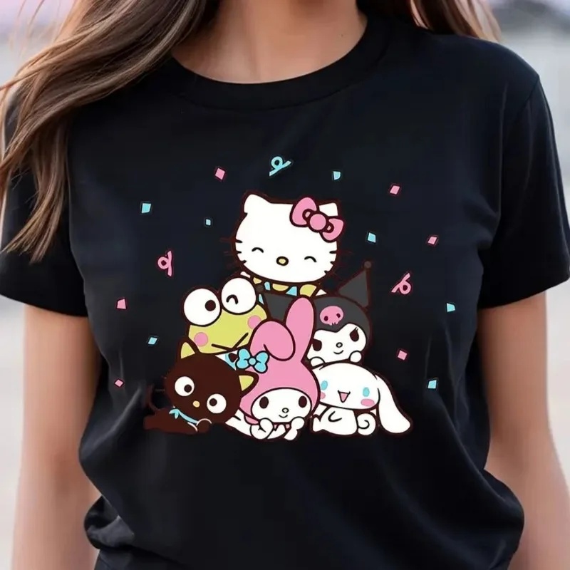 

Для женской футболки с бантом Hello Kitty — удобный и легкий, с круглым вырезом, элегантный повседневный летний топ,