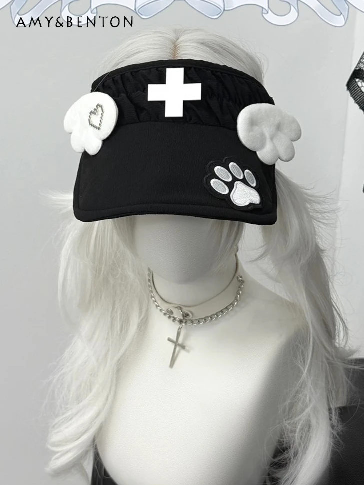 

Original Cute Cat Claw Embroidery Empty Top Sun Hat Subculture Hat Sweet Cool Girl Goth Cross Beaded Wings Summer Hats for Women