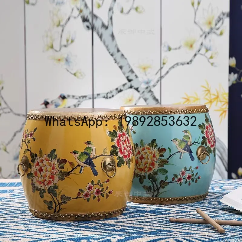 New Chinese Style Drum Stool Cowhide Painted Round Stool Solid Wood Embroidered Stool  Chinese Style Shoe