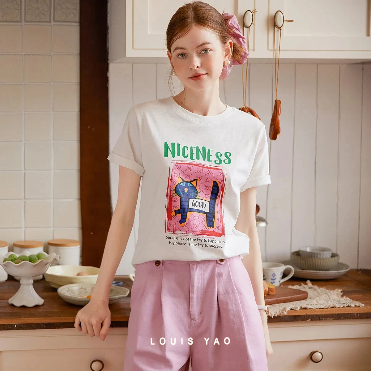 

LOUIS YAO Printed T-shirt 2025 Summer Casual Cotton Cat Pattern Short Sleeve Loose Round Neck Women's T-shirt Versatile Top