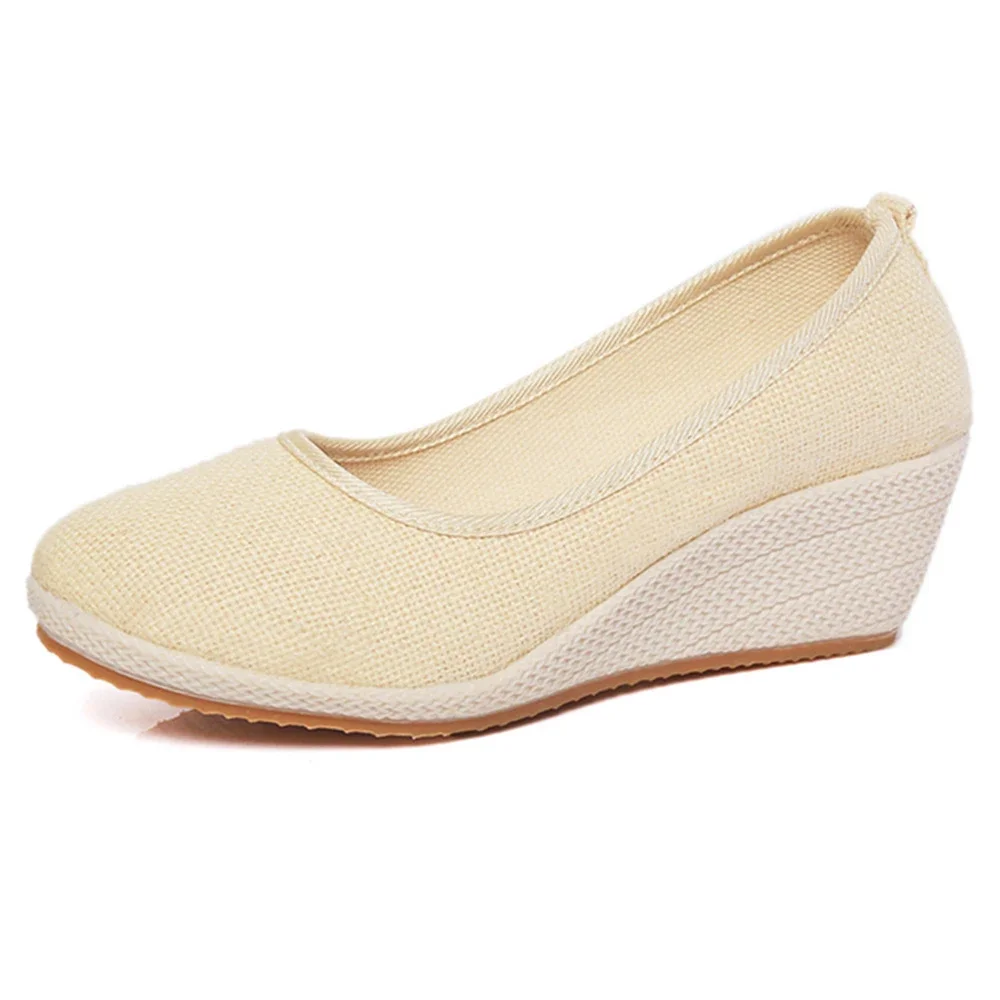 YAERNI Women Pure Color Vintage Hemp Wedge Pumps Round Toe Casual Lady Mid Heel Slip-on Walking Shoes Closed Toe Espadrilles