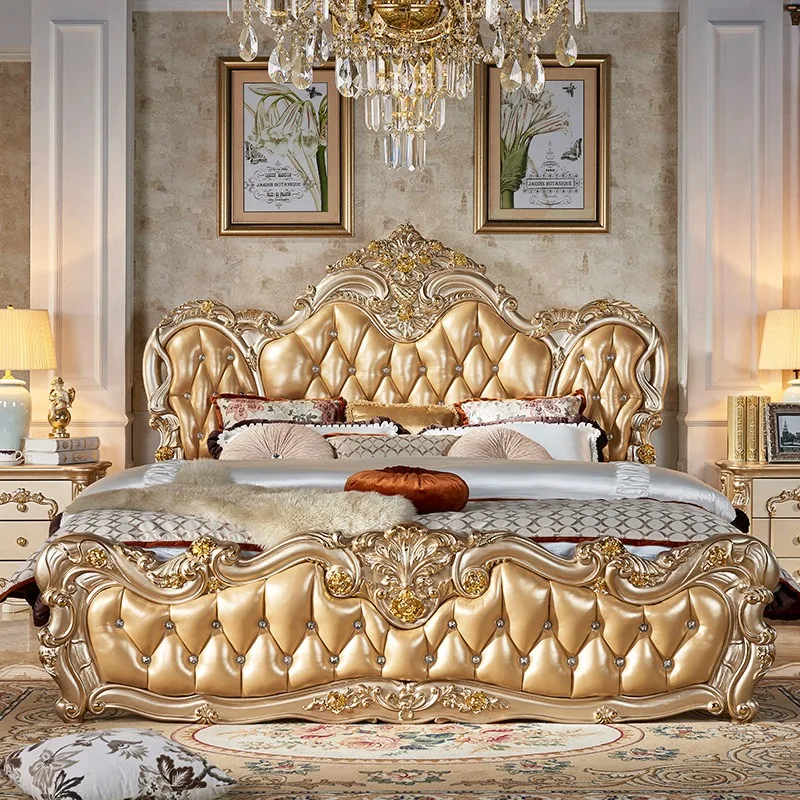 

Gold European Luxury Double Bed Set Design Room Small Luxury Home Double Bed Mattress Wooden Adults Muebles Para El Hogar Bett