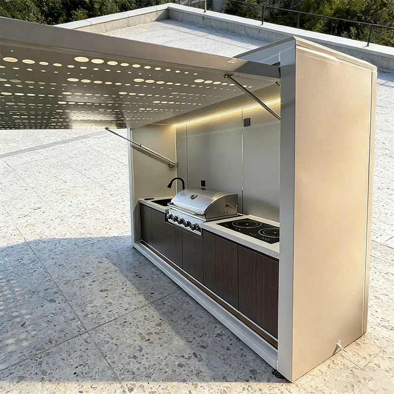 Customized weatherproof outdoor kitchen cabinet with roof, free shipping for outdoor cooking use