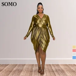 Somo feminino festa clube roupas plus size sólido decote em v irregular hem moda plissado manga longa vestido atacado dropshipping