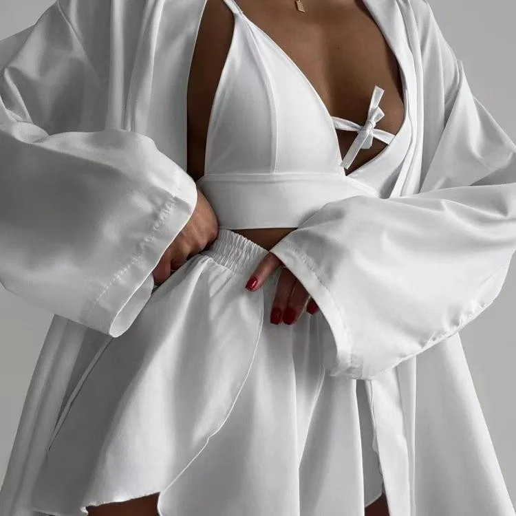 

Sexy Strap Vest orts Tee Piece Set Home Outfit Simple Sle Long Sve V-Ne Pure Color Casual Wear for Young Women