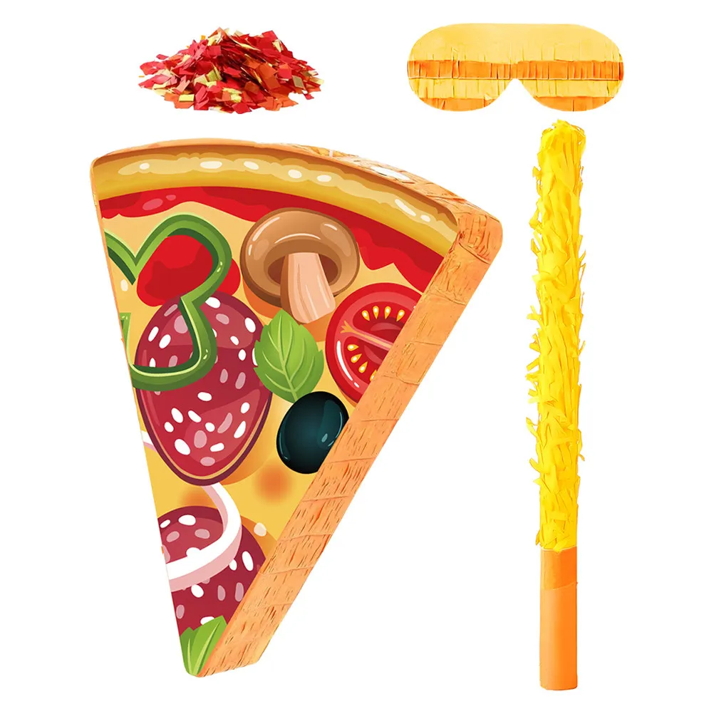 

1Set Pizza Pinata Cardboard Crepe Paper Pizza Slice Birthday Party Decoration Blindfold Stick Confetti Filling Game
