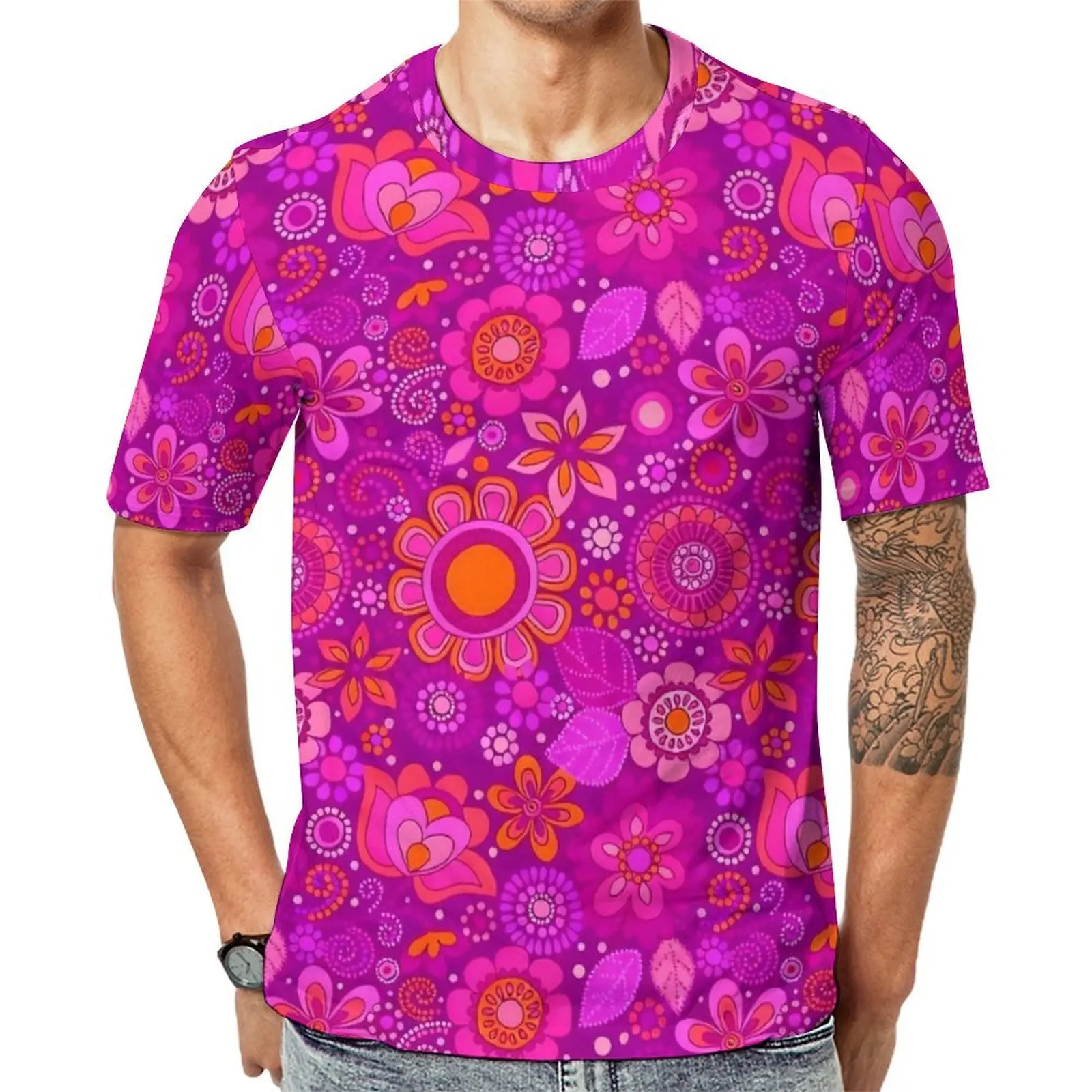 Summer T-Shirt Groovy Flower Dots Pink T-Shirts  Kawaii Cool Tees For Couple Short Sleeve Custom Plus Size Tops