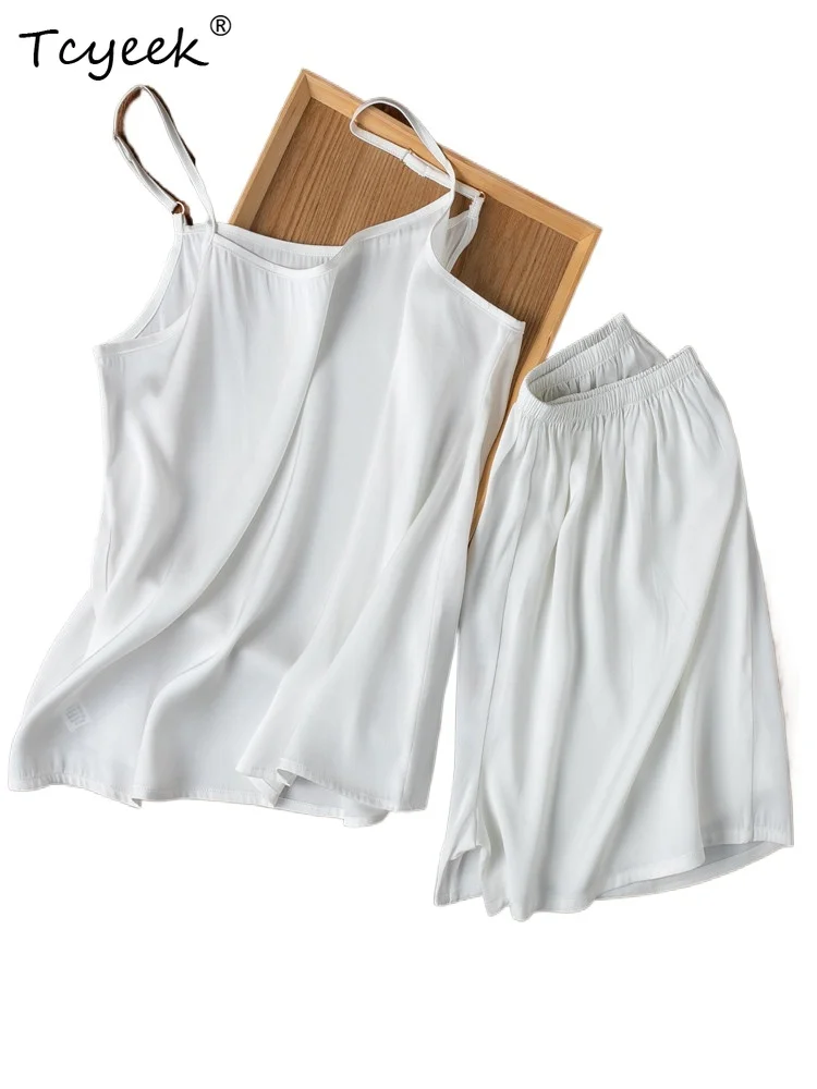 

Tcyeek 22MM 93% Real Mulberry Silk Womens Two Peice Sets White Shorts Top Women's Home Clothes Summer Shorts Camisole Костюм