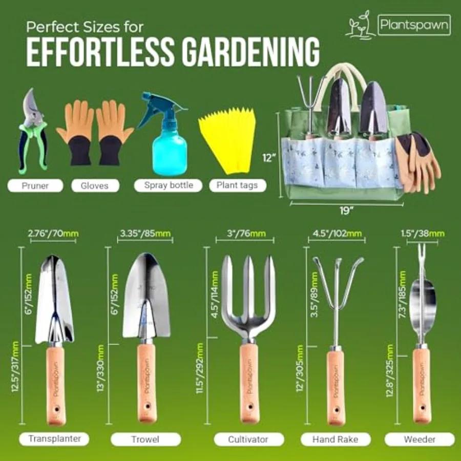 9 PCS Gardening Tools Set with Storage Bag HeavyDuty RustProof Hand Tools Featuring Wooden Handles and 15 Plant Tags Perfect fo