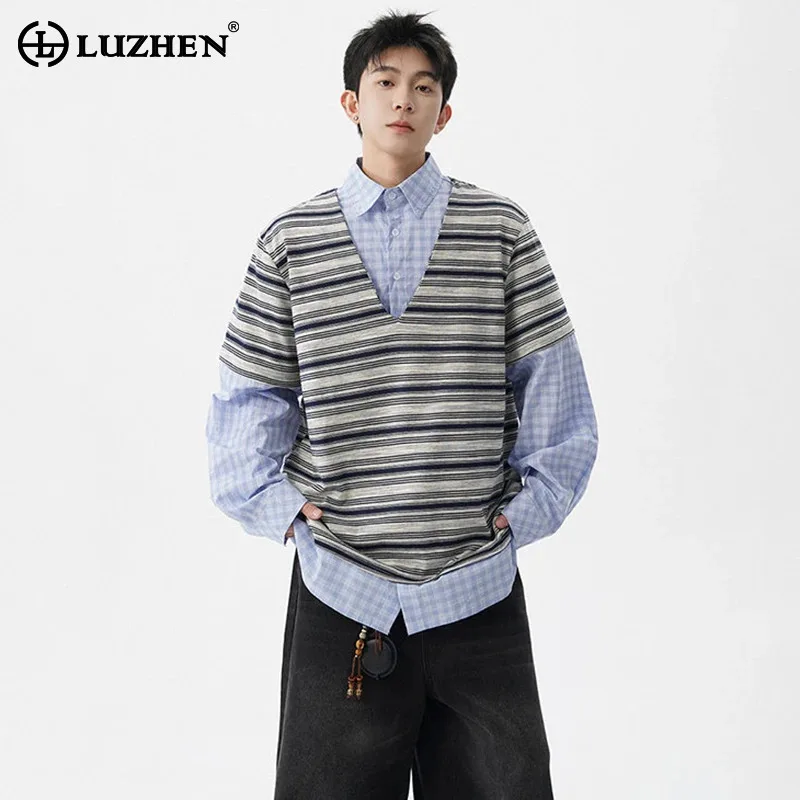 

LUZHEN Original Fake Two Piece Design Splicing Stripe Printed Loose Long Sleeve Shirt Men's 2025 New Korean Handsome Tops JY3472
