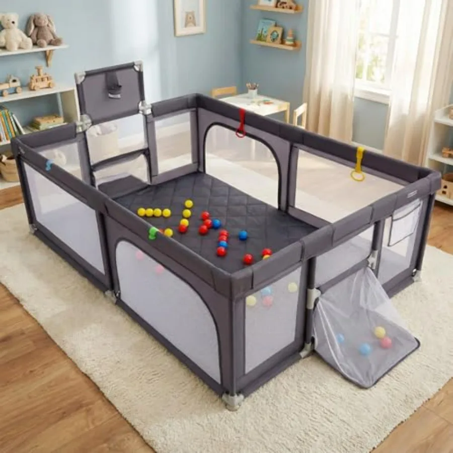 

Большой детский манеж 81'' x 57'' с баскетбольным кольцом, сеткой для футбола, шариками для бассейна, кольцами для тяги, воротами на молнии, портативный, для использования в помещении, безопасный