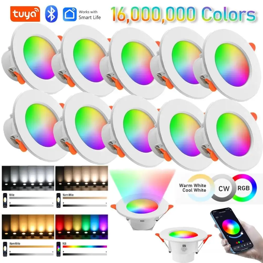 

1-10PCS Tuya Bluetooth Smart LED Downlight 85-265V Dimmable LED Ceiling Recessed Down Light RGB +CW+WW Changeable Smart Lamp