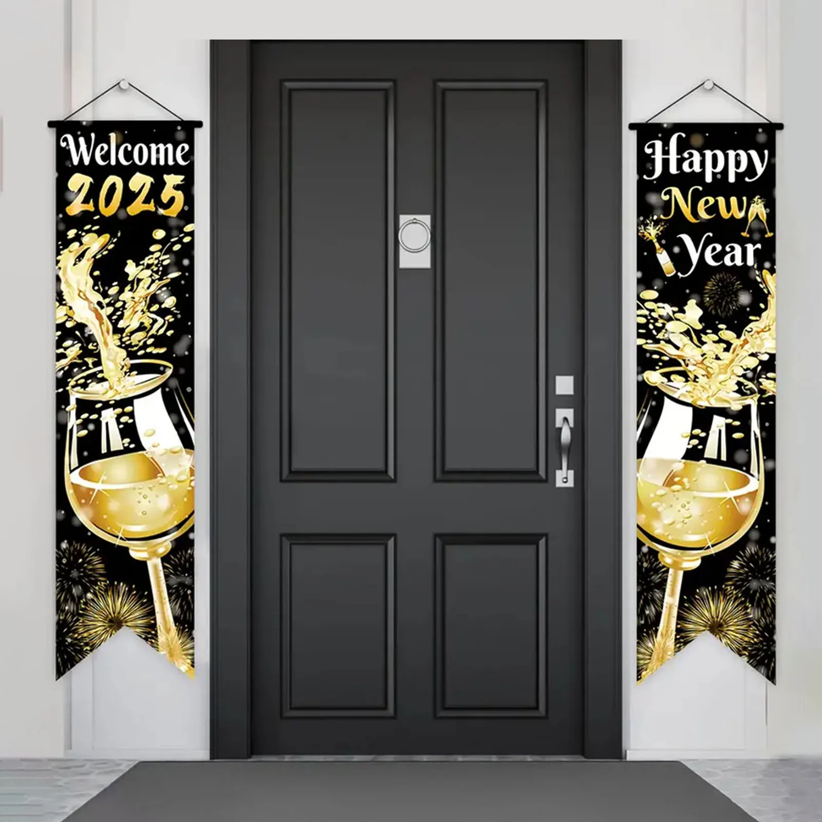 Banner per porta sospesa per Capodanno 2025 Happy Eve Party Porta da parete Decorativo Distico sospeso nero e oro per cortile esterno interno