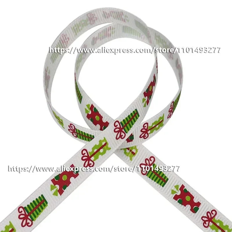 20 Yards Roll 10mm Christmas Ribbon Printed Grosgrain Polyester Ribbons For Gift Wrapping Christmas Decoration DIY Hair Bows