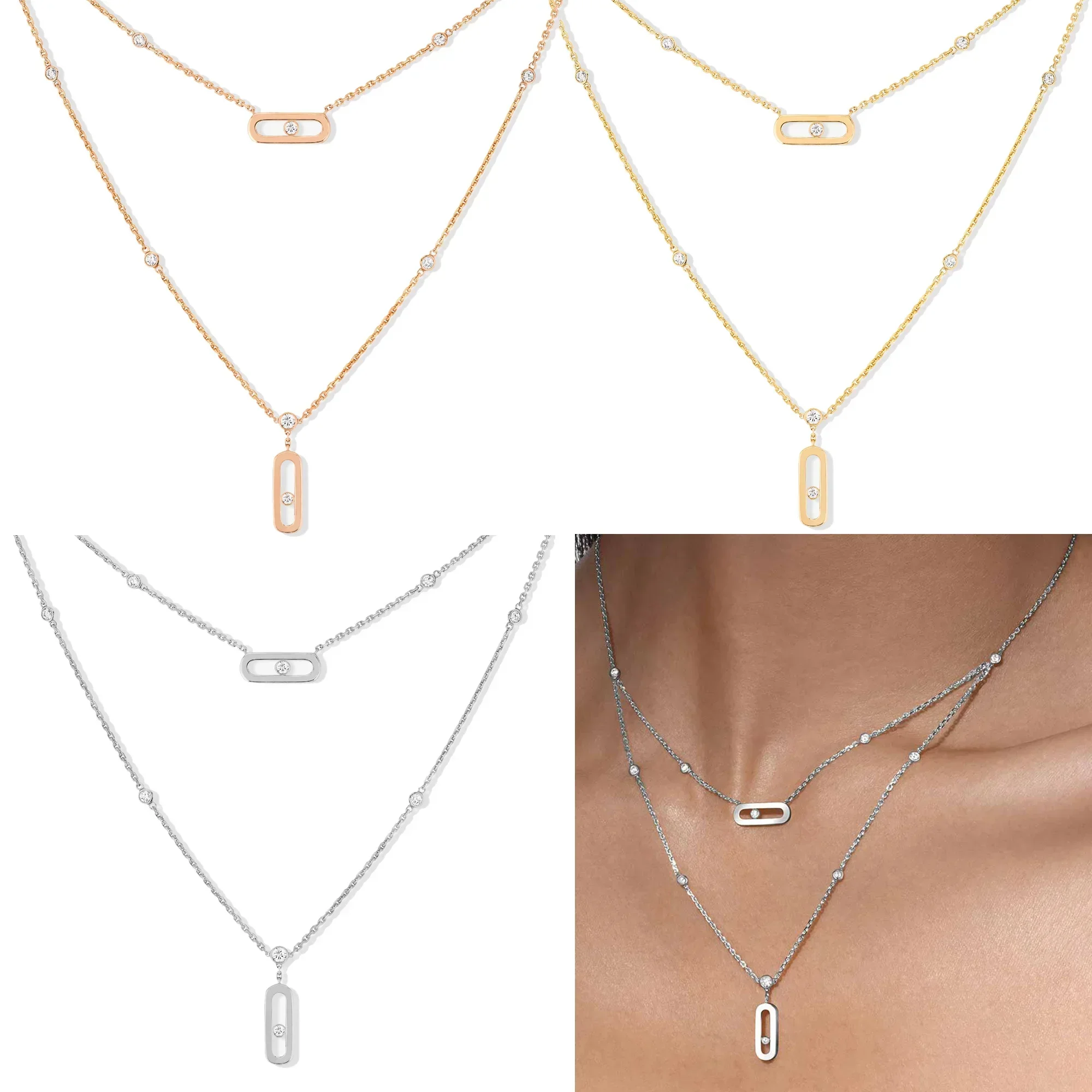 

Sterling Silver S925 Sliding Diamond Smooth Simple Single Diamond Double Layer Design Feeling Necklace for Women