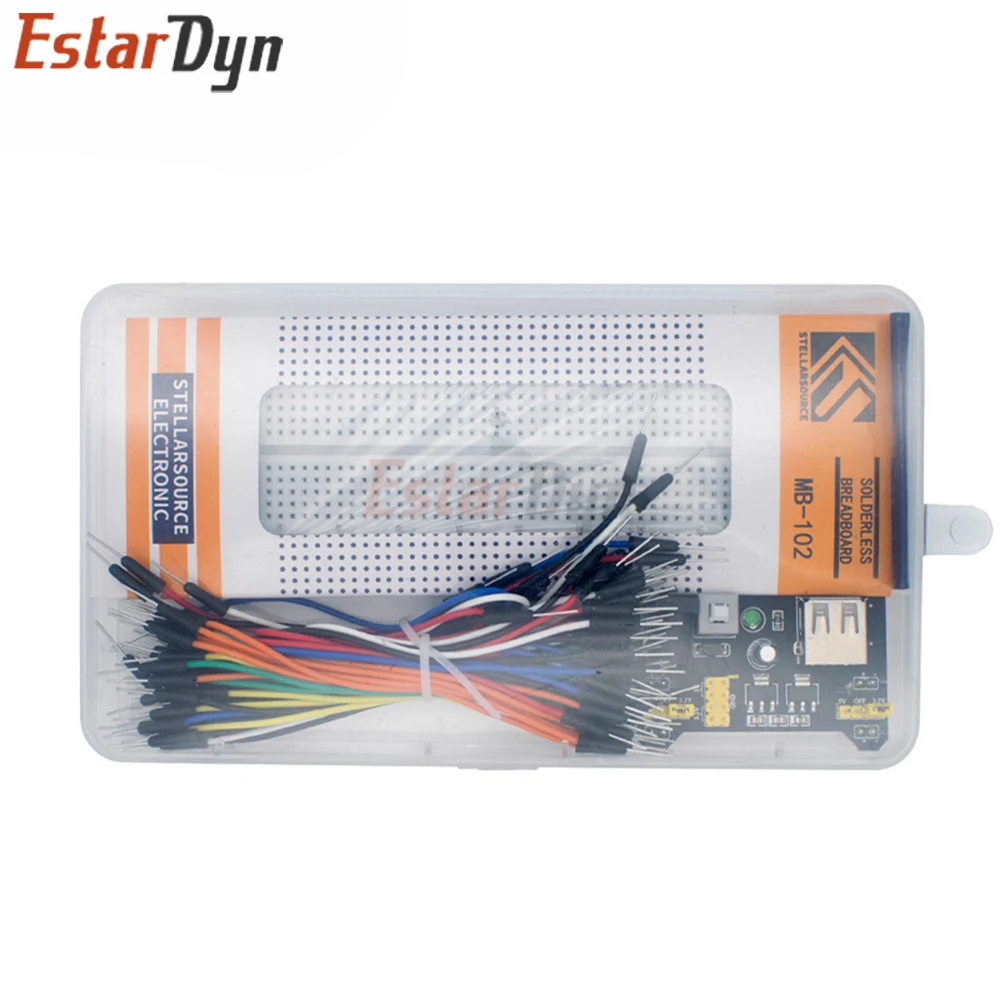 EstarDyn MB-102 830 verbindingspunten soldeerloze prototype breadboard-kit 3,3 V/5 V voedingsmodule 65 flexibele jumperdraden