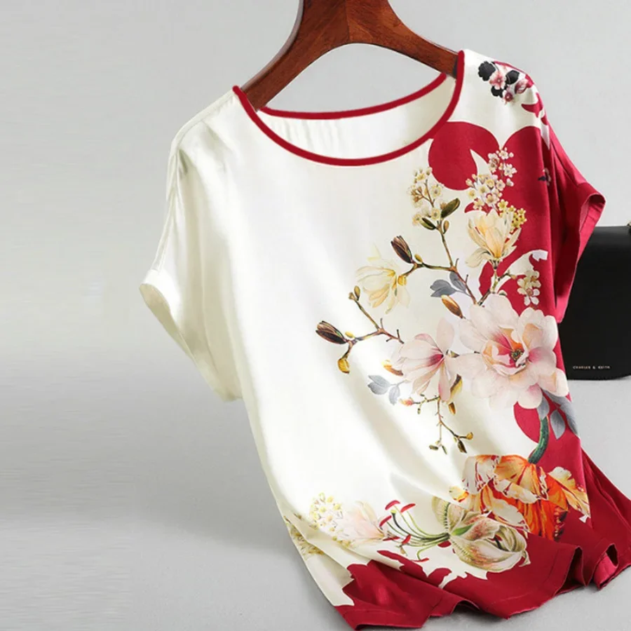 Mode bloemenprint blouse trui dames zijde satijn plus maat vleermuismouwen vintage T-shirt casual tops met korte mouwen