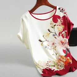 Fashion Floral Print Blouse Pullover Ladies Silk Satin Plus Size Batwing Sleeve Vintage T-shirt Casual Short Sleeve Tops