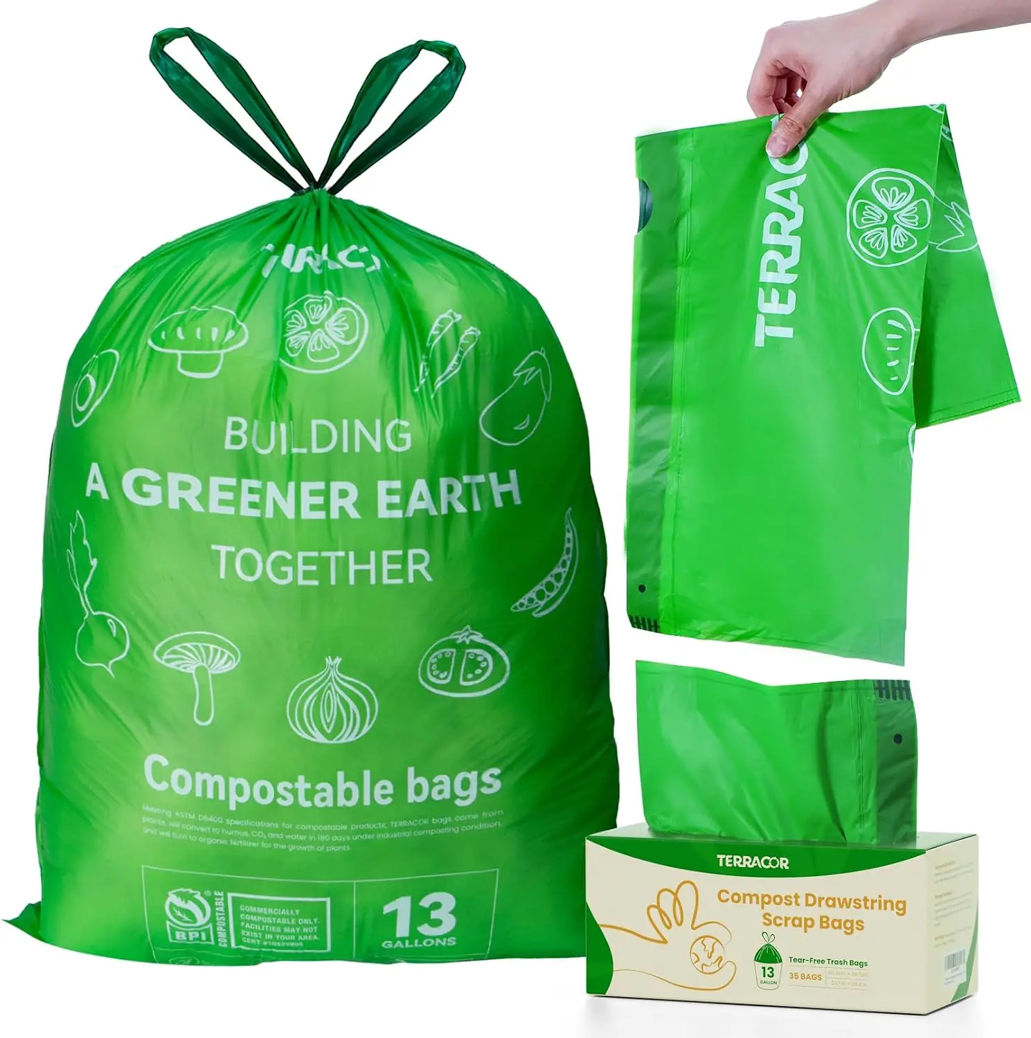 

13 Gallon Compostable Trash Bags, Drawstring, Heavy Duty 1 Mil, 35 Count, Kitchen Food Scrap Waste Bags, ASTM D6400 Certified