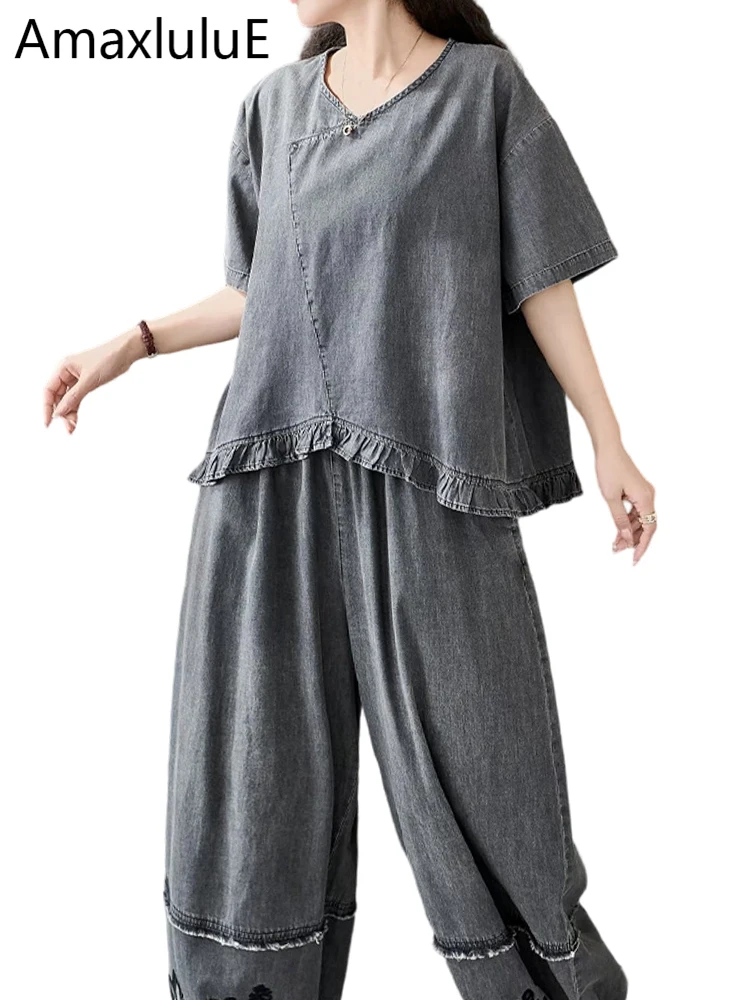 

Летние костюмы Amax LuluE: Модные женские джинсовые комплекты из 2 предметов, винтажные топы, повседневные футболки, классические брюки, джинсы с цветочным принтом, свободные наряды