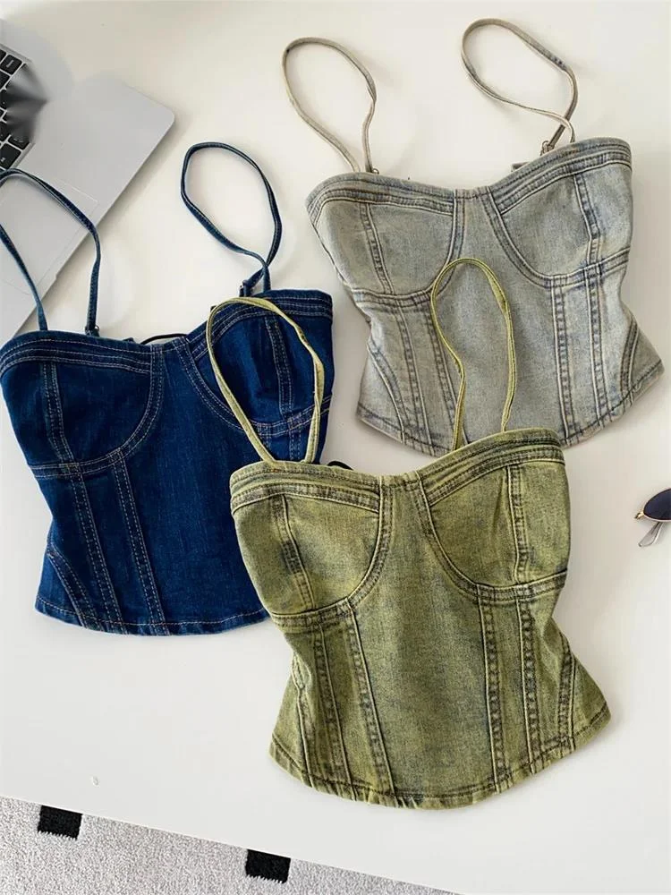 

Минималистичный винтажный топ-майка для женщин, облегающий, повседневный, универсальный, однотонный, сексуальный, в стиле Y2K, джинсовый, короткий