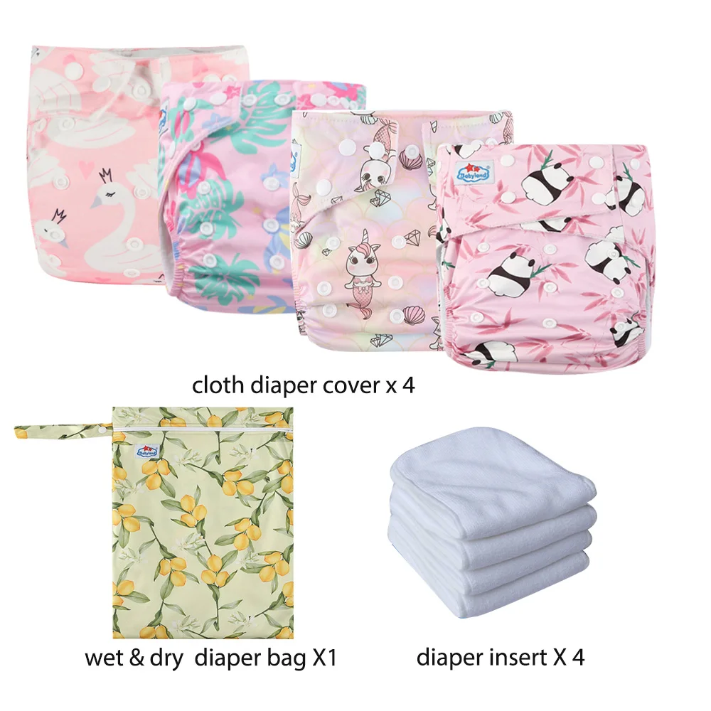 4pcs Ecological Baby Washable Reusable Cloth Pocket Diaper with Inserts Baby Nappy Panties Fit 3-15kg Baby + 1 Wet Diaper Bag