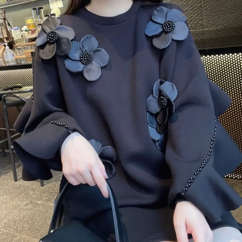 Spring Autumn Beading Ruffles Spliced Sweatshirts Female Clothing Chic Floral Three-dimensional Decoration O-Neck Midi Pullovers