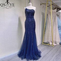 One Strap Navy Blue Prom Dresses Mermaid Crystal Beaded Strings Pattern Sequin Lace Evening Dress Tulle Bottom Party Formal Gown