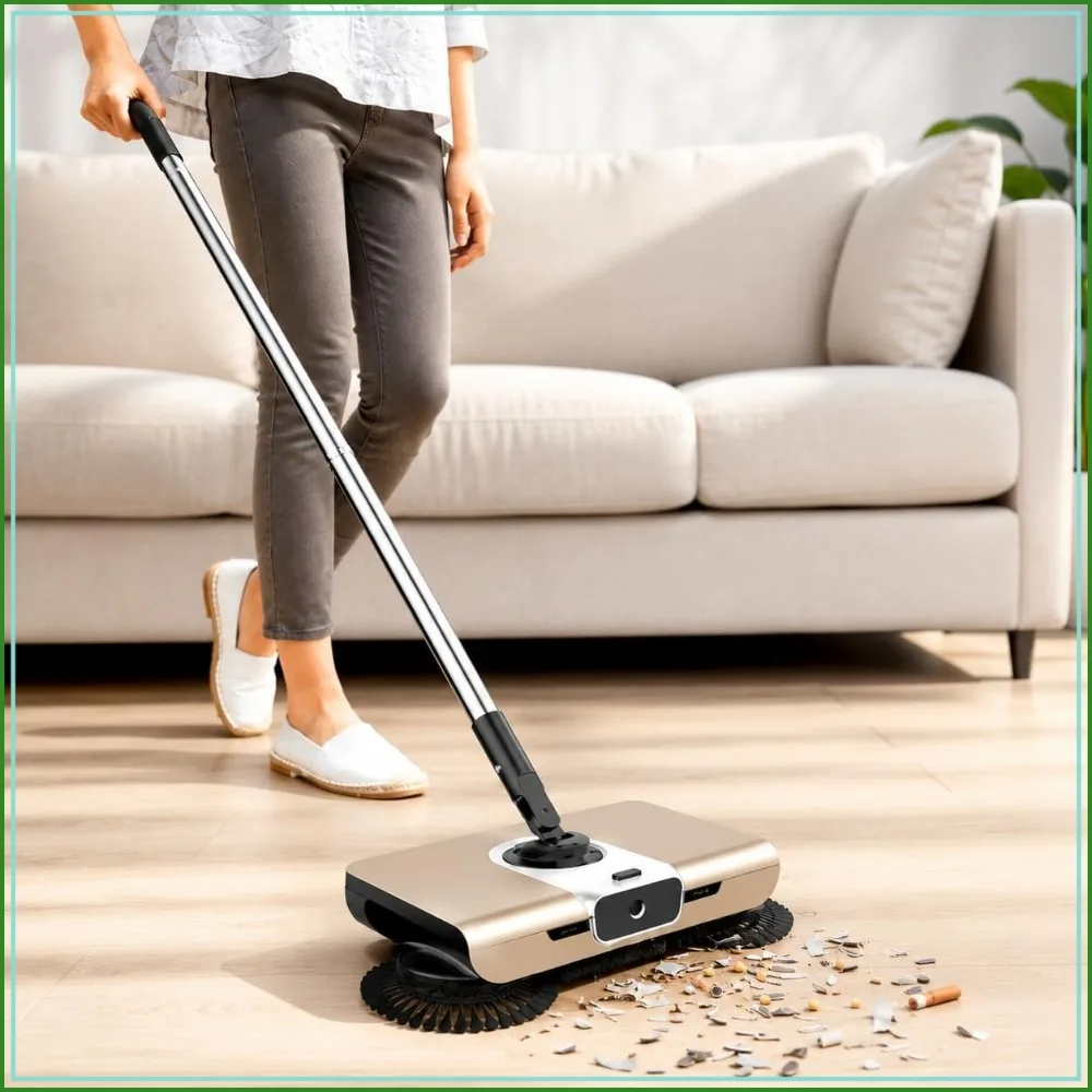 Manual Push Sweeper with Built-in Dustpan for Hard Floors, No Batteries Needed, Easy-Empty Broom for Home & Kitchen