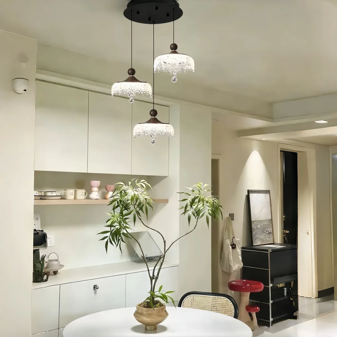Mid Century Wood Bead Pendant Lamp, Waterfall Glass Shade Hanging Light For Kitchen Island Dining Table Retro Luxury Home Decor