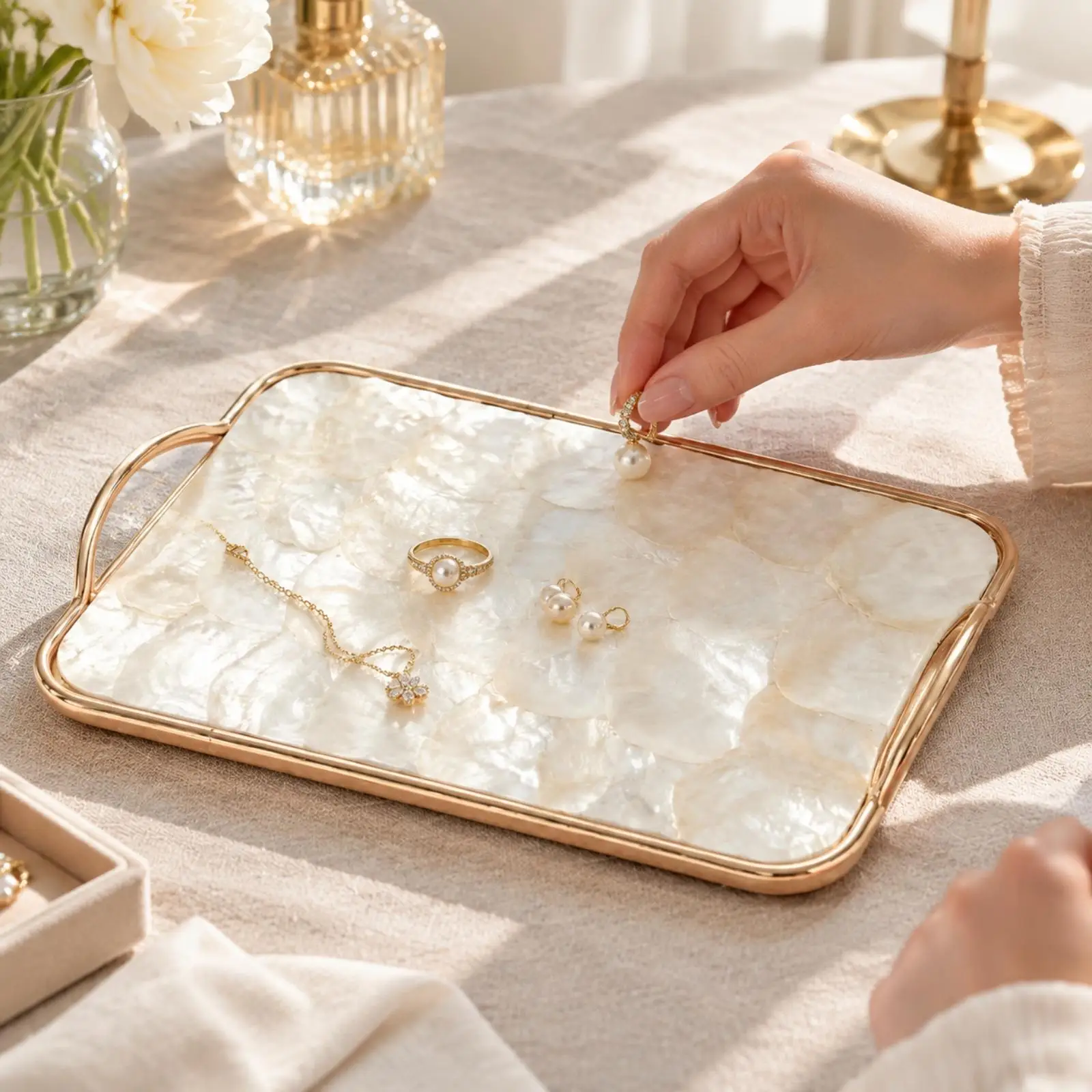 Versatile Rectangular Tray for Serving and Storage with Mother of Pearl Metal Design for Countertop Dining Table Decor