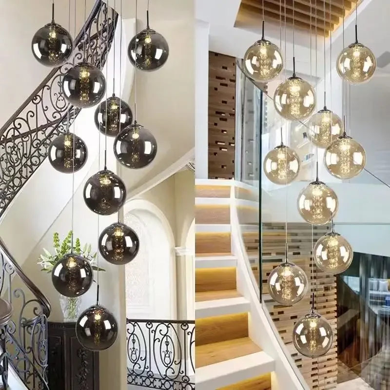 Nordic Glass Ball Chandelier Staircase Black Ball Light Spiral Light G4 Led Staircase Hotel Chandelier Villa Lighting Staircase