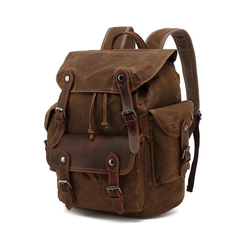 Vintage Canvas Backpacks For Men Oil Wax Leather Laptop Backpack Travel Waterproof School Daypacks Retro Bagpack Large Capacity