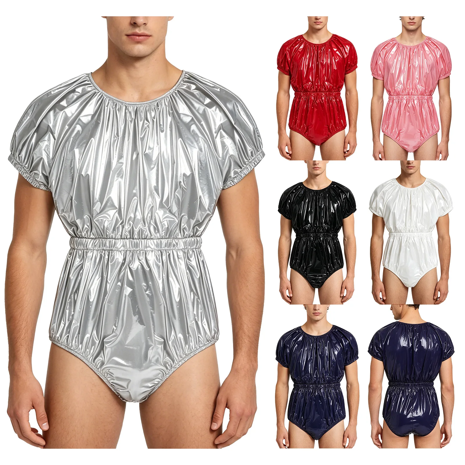 Mens Waterproof Diaper Cover Swim Leotard with Buttoned Crotch Short Sleeve Elastic Waist Leakproof Bodysuit Adaptive Clothing