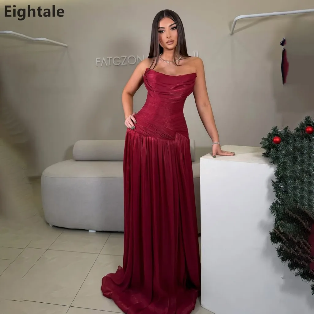 

Eightale 2025 Burgundy Silk Maxi Evening Dress Strapless Formal Prom Dress Dubai Wedding Party Gown Customized