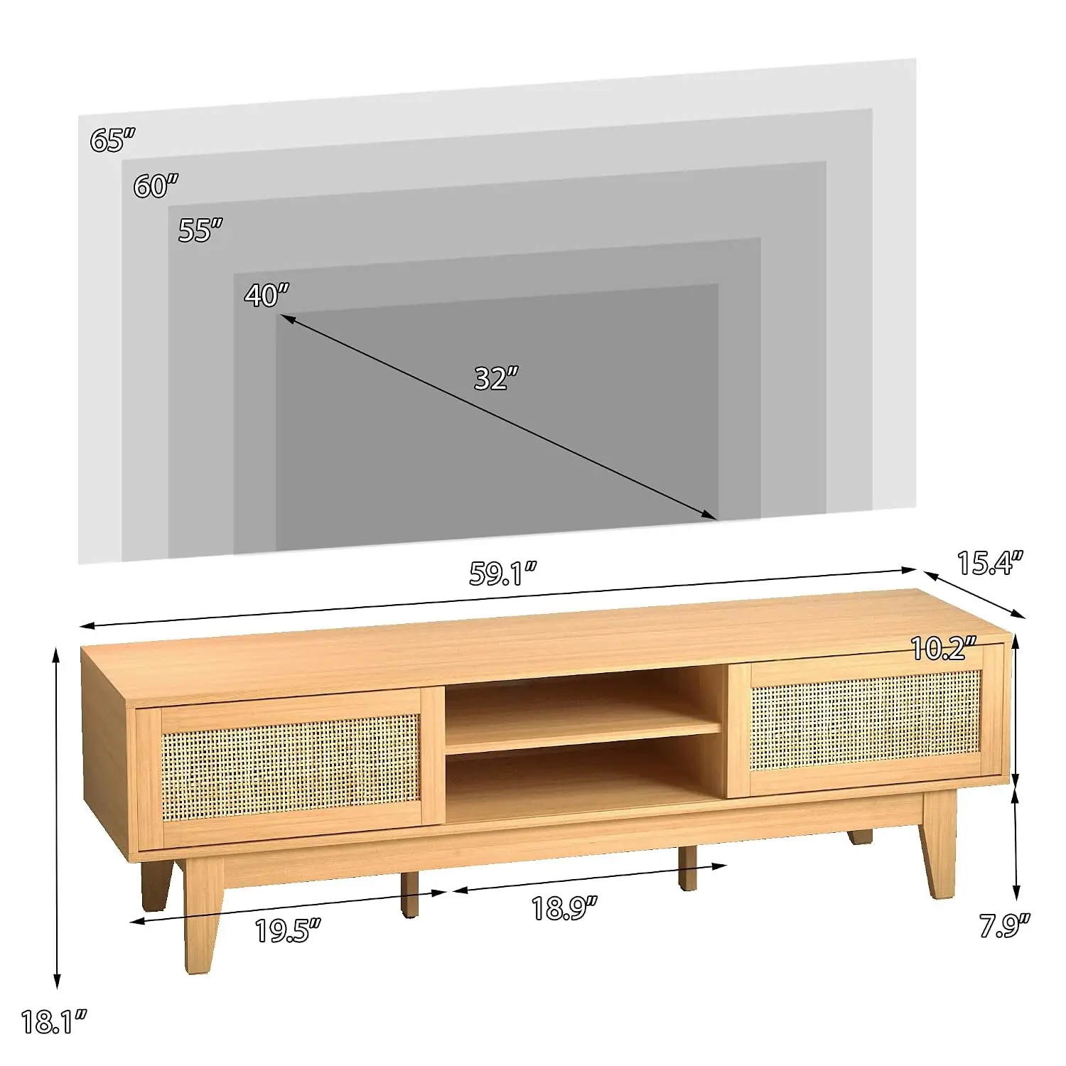 Boho Rattan TV Stand 55 65 Inch, Entertainment Center Shelves Cabinets Sliding Doors, Media Console Wood Feet Cord Holes Living